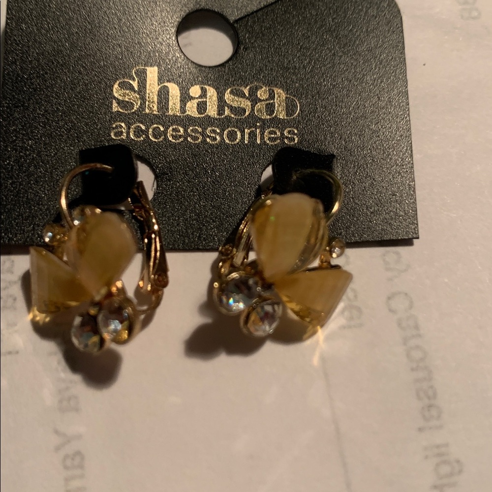 Shasa Gold Tone and Crystal Light Pink Flower Earrings